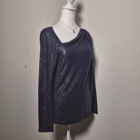 Ramy Brook Shimmering Navy Metallic Sparkly Draped Knit Top S - Picture 6 of 14